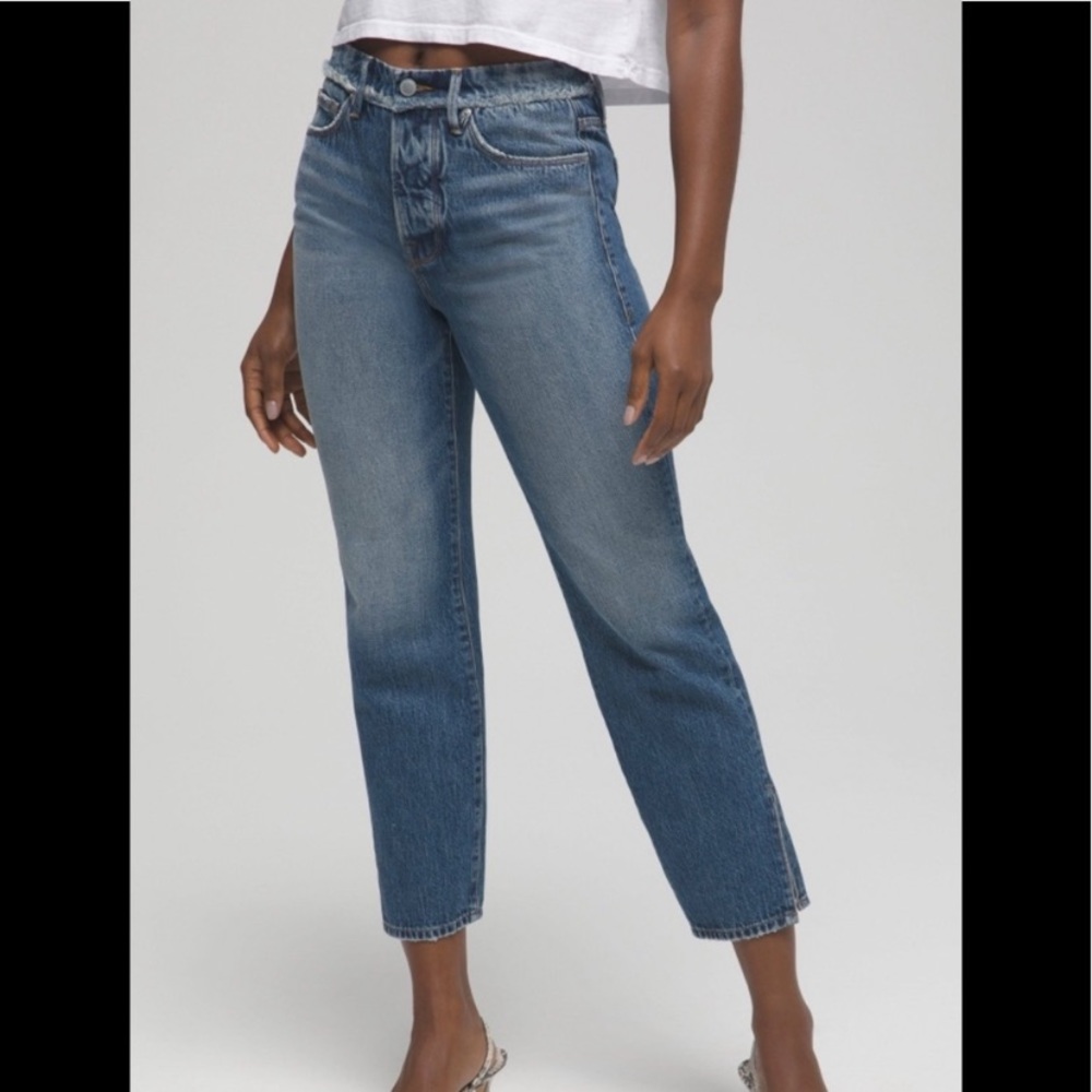 Good American Good Boy Straight Leg Frayed Slit Medium Wash Jeans NWT